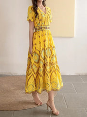 Voguable  Summer Vocation V neck Embroidery Hollow Out Hole Flower Midi Dress Woman Short Flare Sleeve Swing Beach Holiday Robe voguable