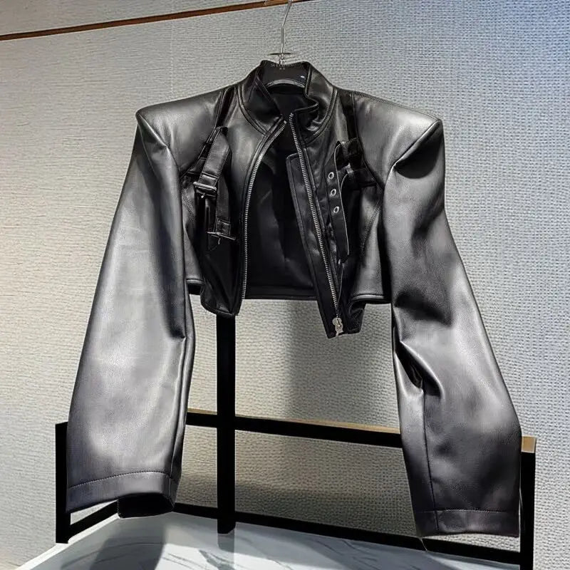 Voguable  Y2k Women Black Cropped PU Leather Jacket Stand Collar Zipper Decor Streetwear Casual Short Moto Biker Coat Outwear Fashion voguable