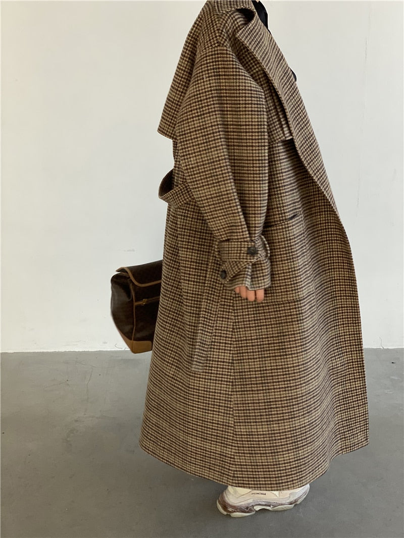 Autumn Winter Long Loose Stylish Warm Plaid Wool Blends Coat Women Sashes Luxury Designer Runway European Fashion voguable