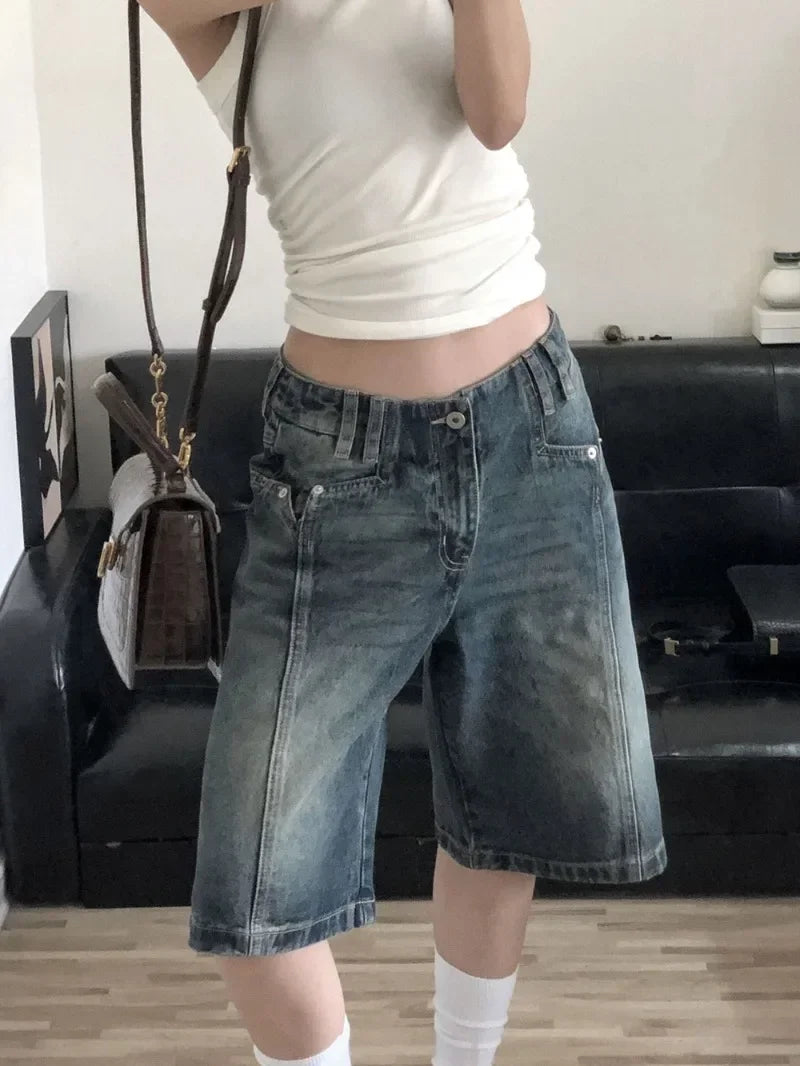 Voguable  American Retro Blue Denim Shorts Women Korean Style High Waist Biker Jeans Feminino Vintage Pants 2024 Summer Chic Streetwear voguable