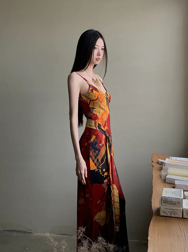 Designer Painted Long Dress For Woman Summer 2025 Mesh V Neck Sundress Boydocn Maxi Slip Dress Fashion Clothes voguable