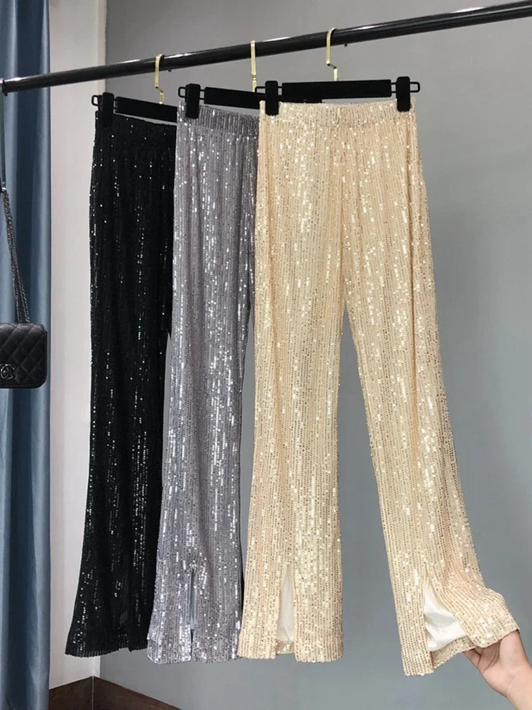 Voguable  New Autumn and Winter Women's Fashionable Shiny White Trousers, Versatile Slimming High Waist Sequined Flared Trousers voguable