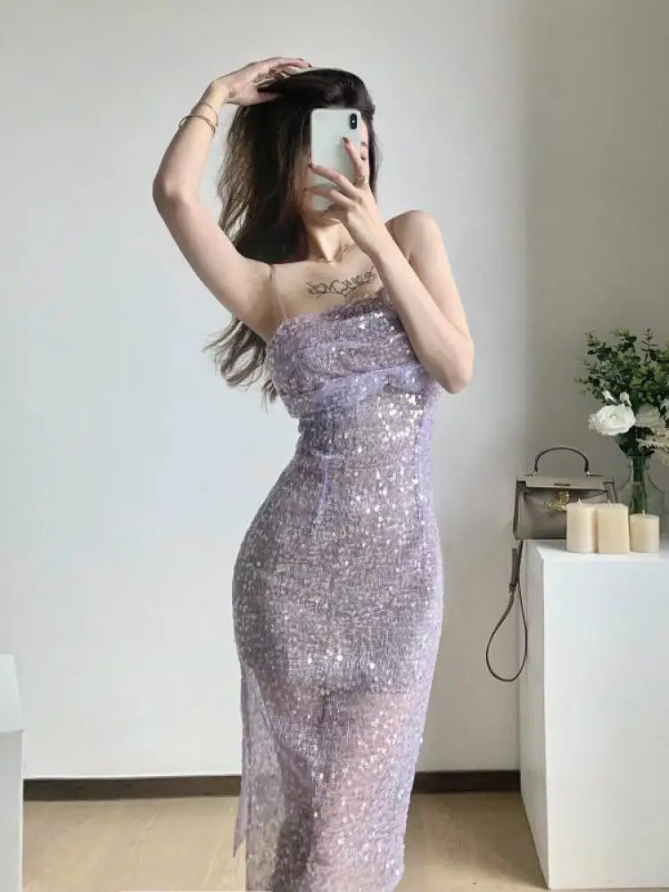 Voguable  French Women Purple Sequins Sexy Club Spaghetti Strap Pleated Long Dress Summer Sleeveless Backless Birthday Evening Party Dress voguable