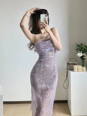 Voguable  French Women Purple Sequins Sexy Club Spaghetti Strap Pleated Long Dress Summer Sleeveless Backless Birthday Evening Party Dress voguable
