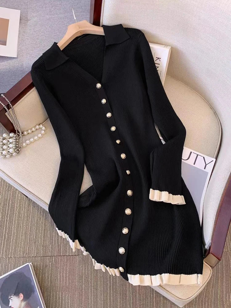 Autumn Winter French Fashion Old Money Long Sleeve Knit Dress Women 2000s V-Neck Frock Mini One-Piece Vintage Coquette Elegant Pbong