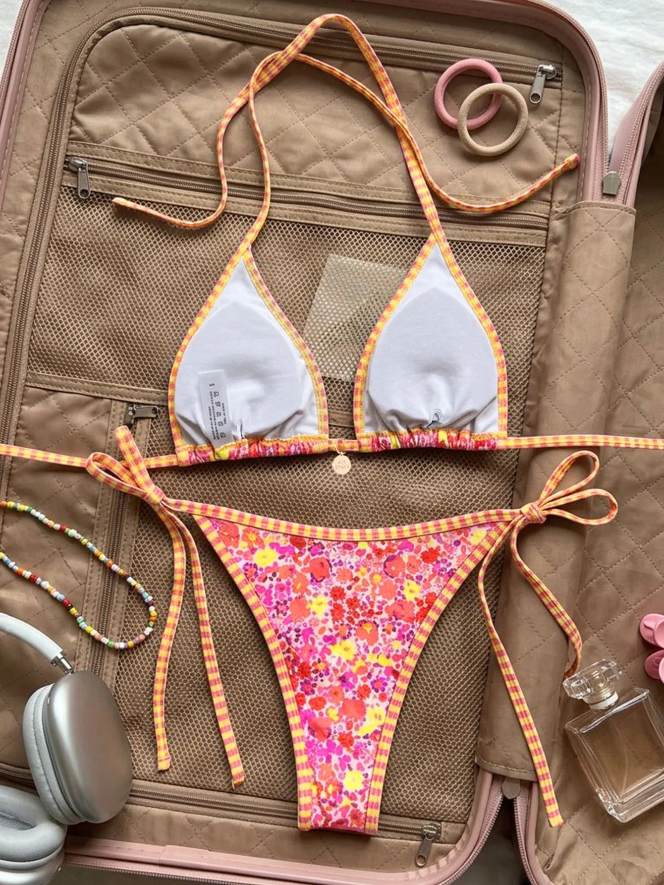 Voguable  Sexy Pink Floral Print Micro Bikini Women Halter Push Up Bra Tie Side Thong Swimwear Beach Bathing Suit Vacation Swimwsuit voguable