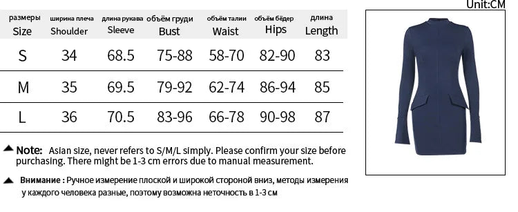 Elegant Dark Blue Solid High Waist Mini Dress Women Fashion Pocket decora Long Sleeve Bodycon Dresses  Chic Party Club Robes voguable