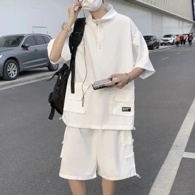 Voguable  Trendy Couple Matching Short Sleeve Zipper T-Shirt Set Loose Men's Spring Summer Fashion Brand Casual Workwear Clothing voguable