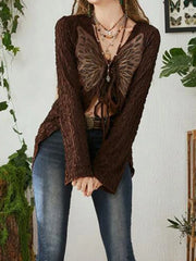 Voguable Lace Butterfly Patchwork Cardigan Top for Women Y2K Aesthetics Brown Bandage Long Sleeve T Shirts Grunge Fairycore voguable