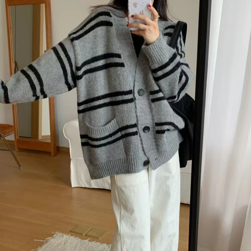 Women Cardigan Sweater Striped V-neck Button-up Sweater Jacket Comfy Cozy Slouchy Cardi Autumn Winter Casual Outfit voguable