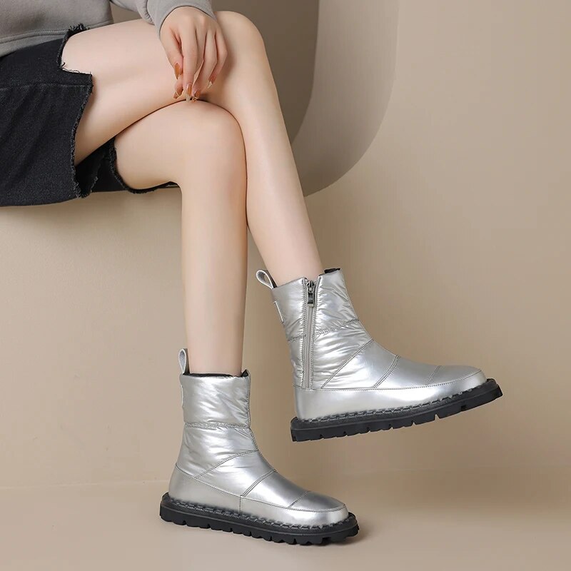 Winter New Warm Women Ankle Boots Platforms Fashion Zipper Casual Snow Boots Round Toe Leisure Shoes Woman Silvery Boots voguable