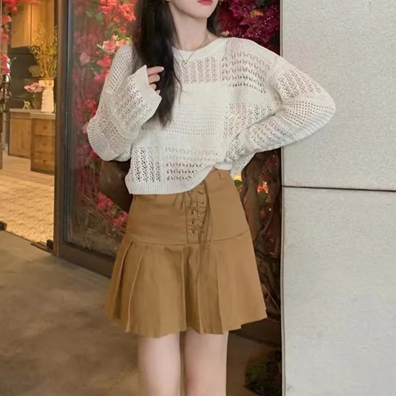 Long Sleeve Pointelle Knit Top Women Sheer Openwork Boxy-fit Crew Neck Pullovers Sweater Female Teen-girl Boho Vacation Outfit voguable