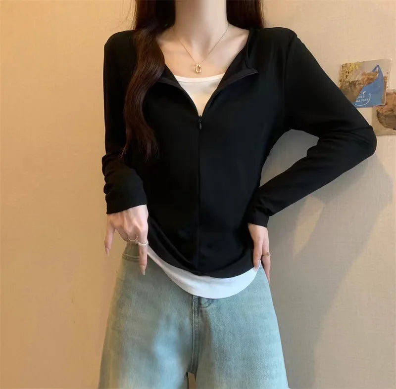 Long Sleeve T Shirt Women Fashion Fake Two Pieces Patchwork Basic Slim Zipper Slimming Bottoming Shirt Retro Red Casual T-shirt voguable