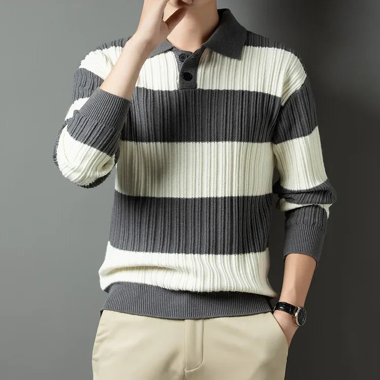 Voguable  Polo Shirt Luxury Men's Pullover Sweater Fashion Thick Warm Sweater Striped Casual T-shirt Men's Top Loose Knitwear voguable