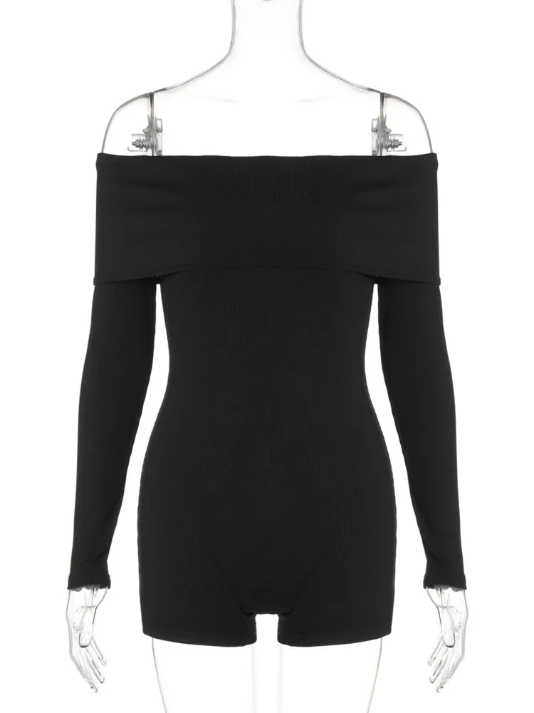 Mozision Off-shoulder Long Sleeve Sexy Playsuits Women Rompers Autumn New Black Ribbed Strapless Backless Skinny Playsuits voguable