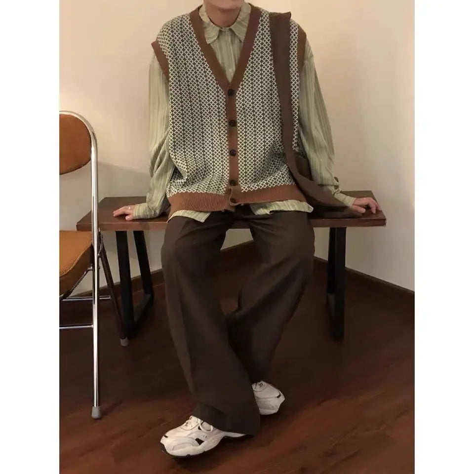 Voguable  Men's Loose Korean Style Trendy Versatile Retro Casual Knitted Cardigan Sweater Vest Japanese voguable
