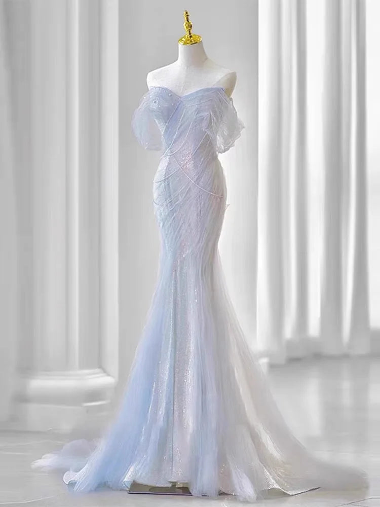 Voguable Gorgeous Purple Blue Celebrity Dresses Pearl Beading Chain Off the Shoulder Mermaid Glitter Sequins Floor Length Saudi Prom Gown voguable