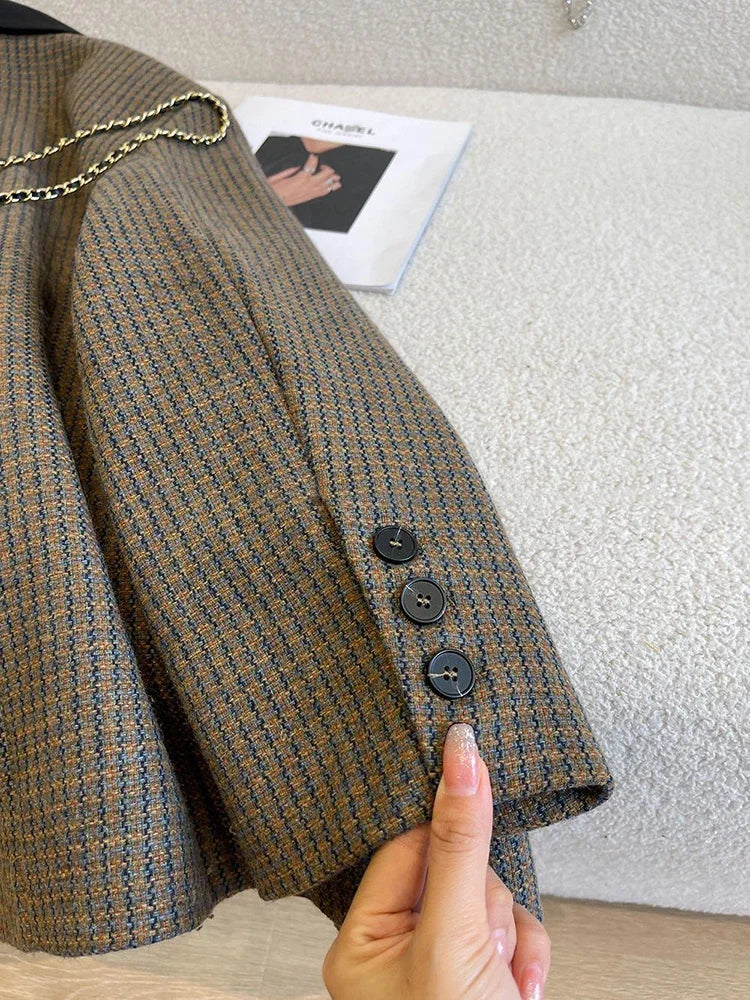 Houndstooth Faux Wool Blazer Women Autumn Korean Loose Double-Breasted Casual Coat Y2K Female Long Sleeve Lapel Suit Jacket new voguable