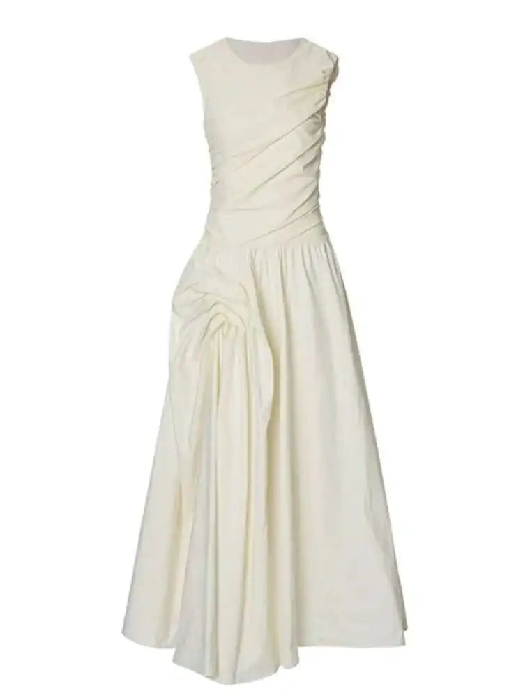 Solid Fold Design Long Dresses For Women High Waist Round Neck Sleeveless Elegant Dress Female Autumn 2025 New voguable