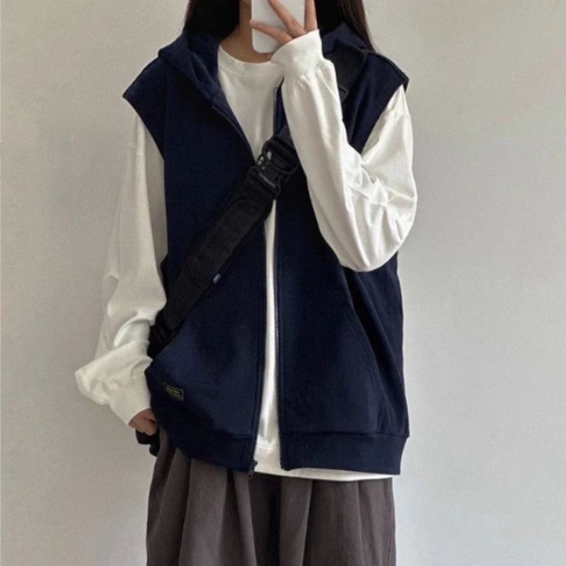American Retro Sleeveless Hooded Zippered Cardigan Jacket for Women's Autumn Winter Hoodies Camisole Top Vest Jacket voguable