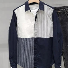 Voguable  Stripe Contrasting Splicing Long Sleeved Shirt Men's Korean Version Simple Loose Casual Shirt Top Trend voguable