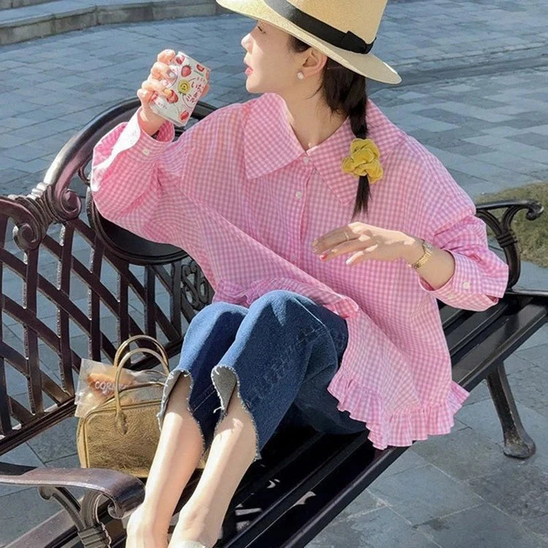 Vintage Black Plaid Shirt Women Loose Sweet Preppy Style Long Sleeve Blouse Fall Casual Retro Cute All Match Female Tops New voguable