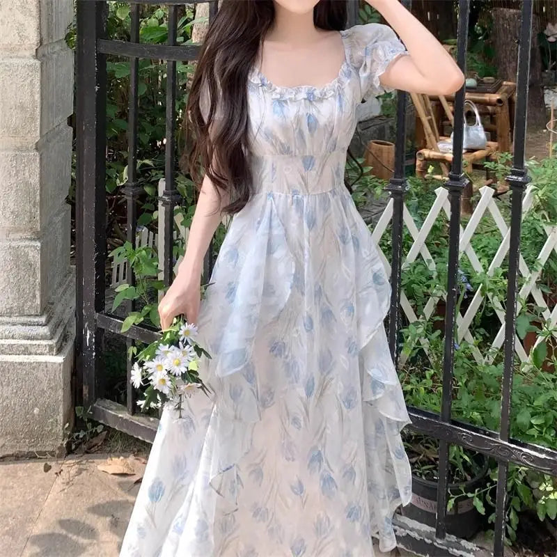Voguable  Summer French Style Floral Printed Dress Slim Casual Long Chiffon Dress Short Sleeve Women Vacation Fairy Dress voguable