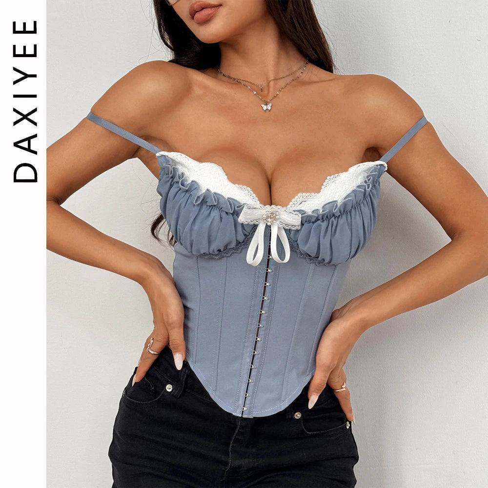 Sexy V Neck Y2K Crop Tops Lace Patchwork Pleated Bowknot Corset Top  Sexy Backless Slim Camisole Body Shape Fishbone Bustier voguable