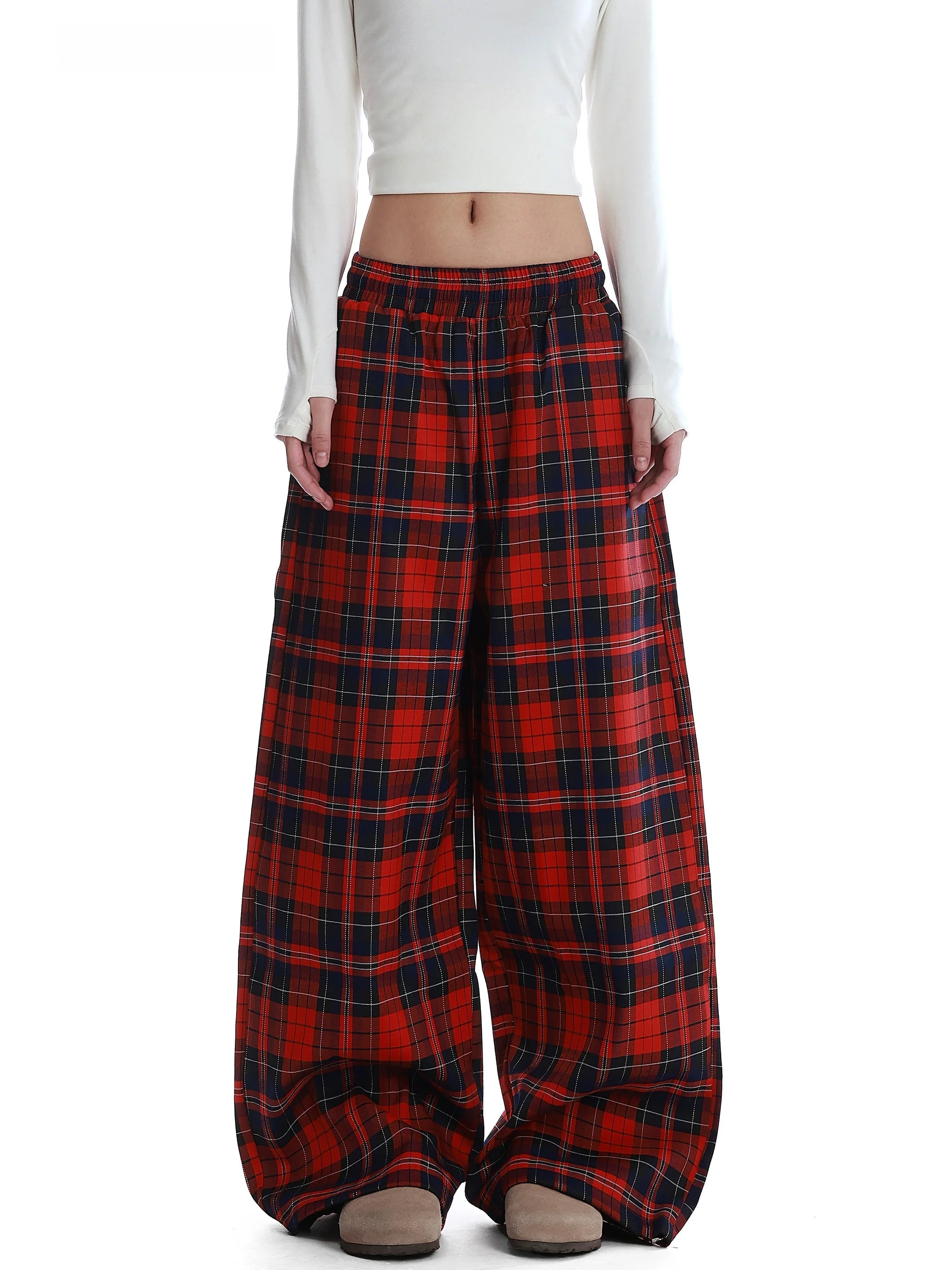 Voguable  American Street Retro Design Red Plaid Casual Pants Loose Straight Leg Trousers Lazy Wide Leg Trendy Men's Women's Pants voguable