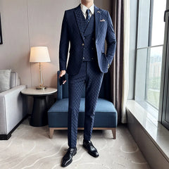 Voguable （Jacket+Vest+Pants）Classic Plaid Korean Slim-fit Men's High-end Banquet Dress Suit Fashion Men Formal Business Social Host Suit voguable