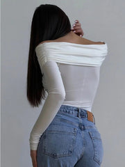 White See-Through Patchwork Jumpsuit For Women Pleated Slim Sexy High Waist Long Sleeve Off-Shoulder Rompers Streetwear voguable