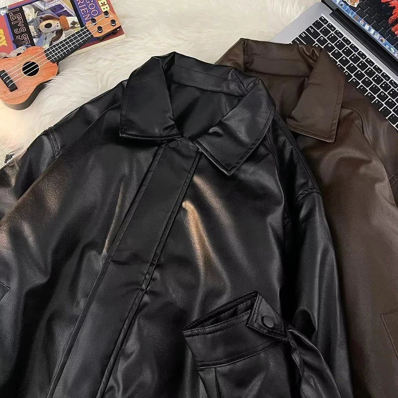 American Pu Leather Jackets Women Y2K Fashion Streetwear Zipper Moto Coats Bf Loose Lapel All-Match Punk Bomber Outerwear New voguable