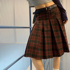 Women Pleated Plaid Skirt Vintage Preppy Style Mid Length Skirt Harajuku Korean Fashion Retro Japanese Classic Basic voguable