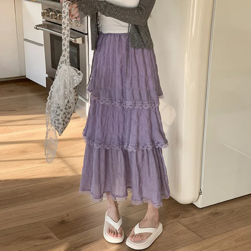 Voguable  Sweet Lace Ruffles Long Skirt Women Summer Cute Puff Cake A Line Skirt Woman Korean Style High Waist White Chiffon Tulle Skirt voguable