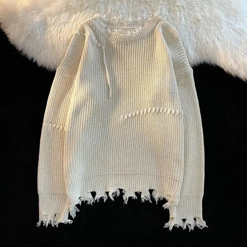 Voguable  Knitted Sweaters for Men Solid Color Crewneck Man Clothes Pullovers Round Collar Plain with Holes Beige Torn Thick Winter Street voguable