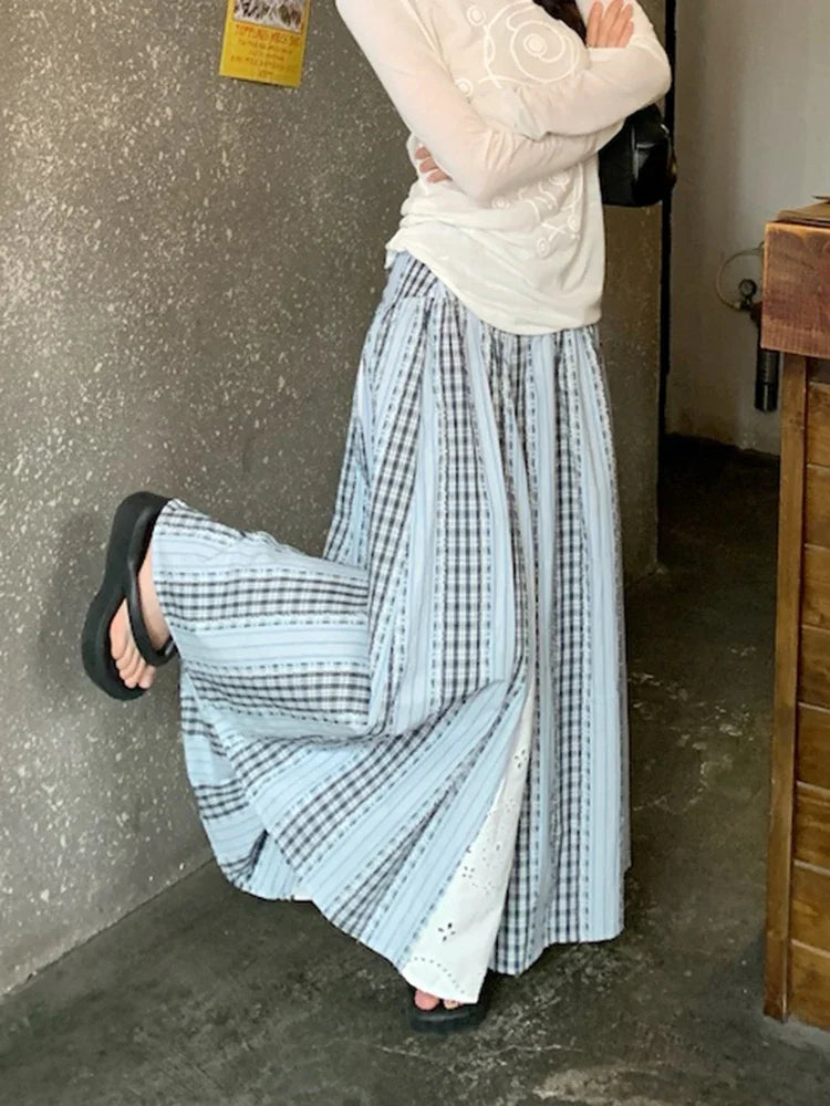 Sweet Lace Patchwork Long Skirts Women Korean Loose High Waist Skirt Casual Design Striped Plaid Elegant Female Skirts New voguable