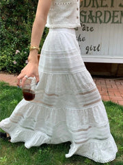 Embroidered Hollow Lace Spliced White Long Skirt 2025 Spring Summer New Elastic Waist Cotton A-line Vacation Beach Boho Skirt voguable