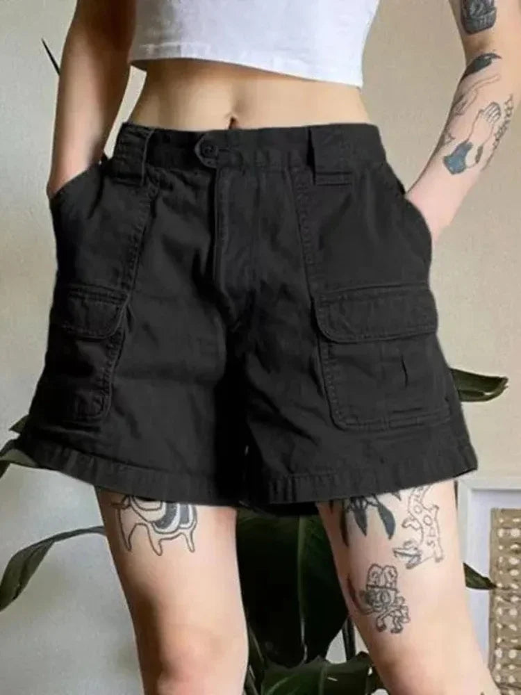 HOUZHOU Y2k Vintage Streetwear Cargo Denim Shorts Women American Retro Harajuku Solid Loose Jeans Casual Pocket 2024 Summer Chic voguable