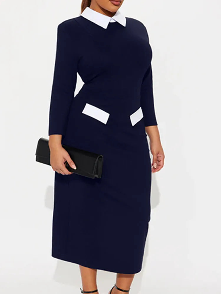 Voguable  Elegant Fashion Women's Pencil Dress Polo Collar Design Professional Long Sleeved Solid Color Office Lady Dress voguable