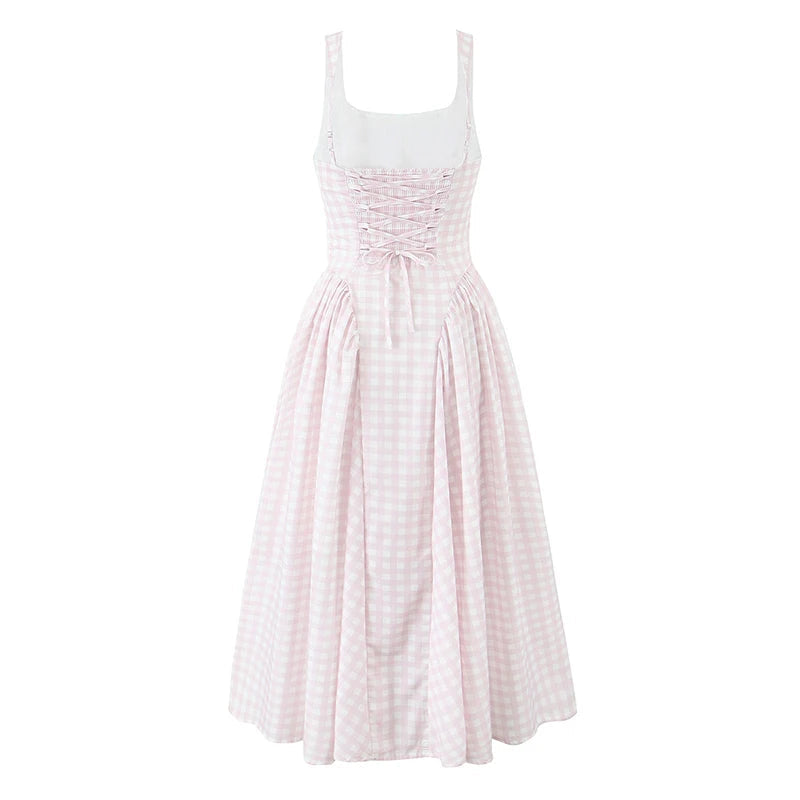 Lace Up Bandage Plaid Sling Dress Women Elegant Square Neck Low Waist A-line Midi Summer Dresses Holiday Party Robe 2025 voguable