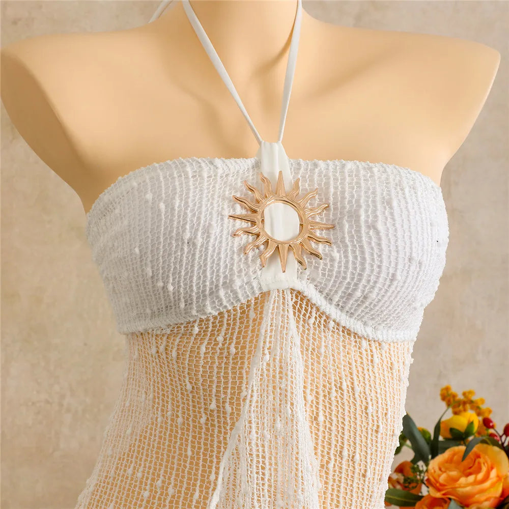 Voguable  Solid White Holiday Mesh Long Dress Swimwear Sexy Bikinis Sets Micro Thong Swimsuit Woman Metal Sun Sequin Bikini Beachwear voguable