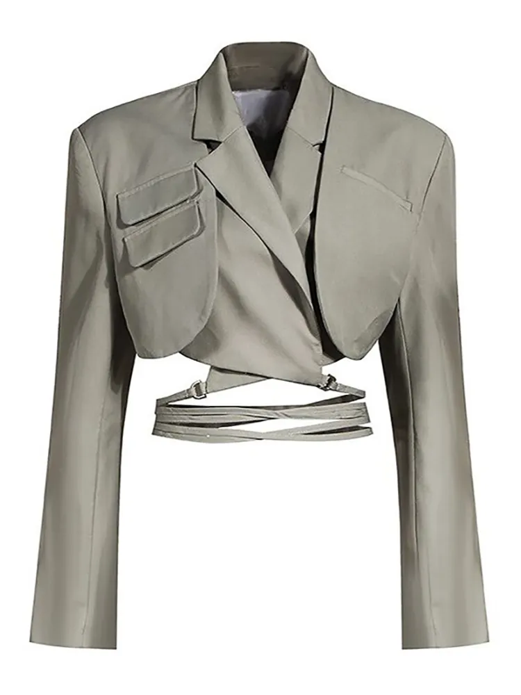 Gray Double Layer Bandage Slim Blazer Women Long Sleeve Pocket Short Jacket Female Notched Collar Outwear Tops New voguable