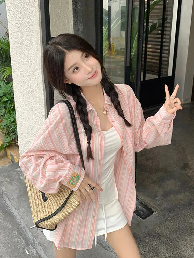 Sweet Casual Women Striped Shirts Loose Long Sleeve Vintage Cotton Linen Sun Proof Blouse Korean Preppy Style Letter Retro Tops voguable