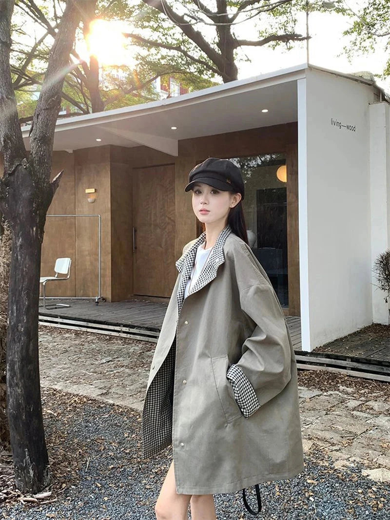 Korean Chic Elegant Jacket Women Loose Design Double Sided Wear Plaid Coat Fall Fashion Long Sleeve Sweet Pockets Outwear voguable