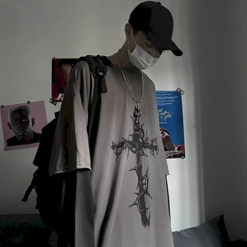 T-shirt Cross of Thorns fake two-piece for men women long-sleeved dark hip-hop loose large size autumn new trend top Simplicity voguable