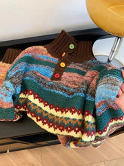 Vintage Print Harajuku Sweater Women Loose Fall Winter Sweet Knitted Jumper Casual Stand Collar Long Sleeve American Retro Tops voguable