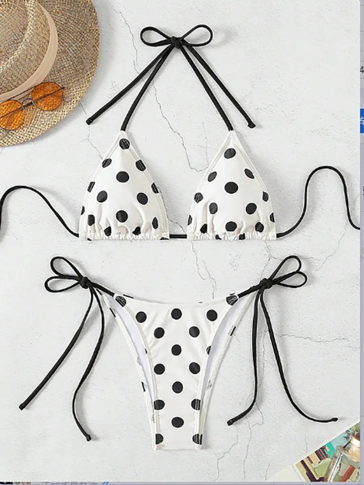 Voguable  Sexy Lace Up Polka Dot Vacation Bikinis Women Split Swimsuit Beach Bikini New All Season Backless Bikinis 2 Piece Set voguable