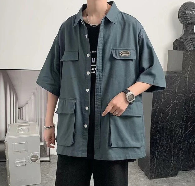 Voguable  Shirts for Men with Pocket Cargo Man Shirt Loose Korean Style Casual Asia Cool Hipster Original Half Sleeve Normal Collar I Xxl voguable