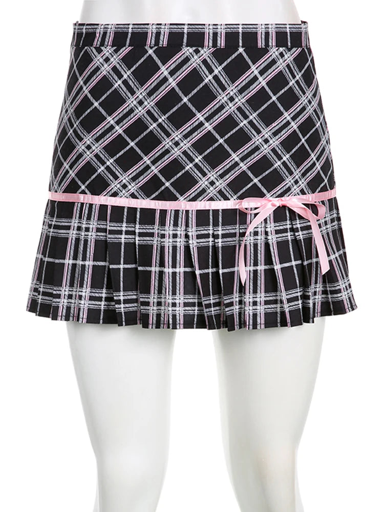 Voguable Y2K Preppy Style Plaid Ribbons Bow A-line Pleated Mini Skirt Dark Academia High Waist Short Skirts Cute Aesthetic voguable
