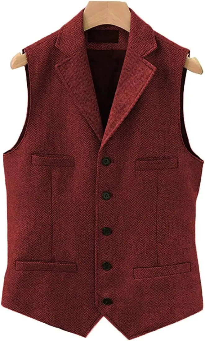 Tweed Herringbone Mens Suit Vest Slim Fit Notch Lapel With 4 Pockets Groomsmen Wedding Waistcoat For Wedding voguable